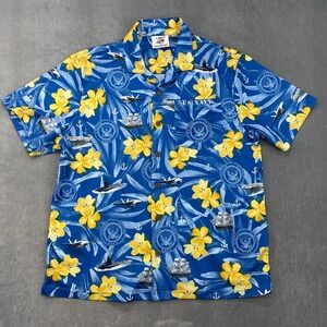 US Navy Mens‎ Large Blue Yellow Hawaiian Button Down SS Aloha Shirt AE Sport